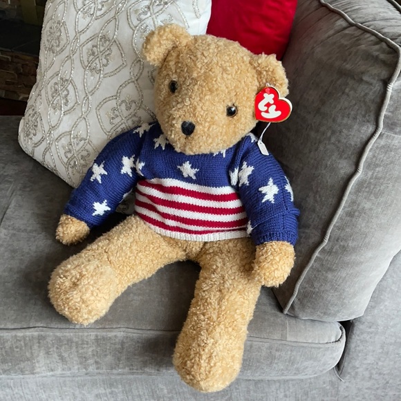 STARS AND STRIPES FOREVER LARGE CURLY TY BEAR 25”